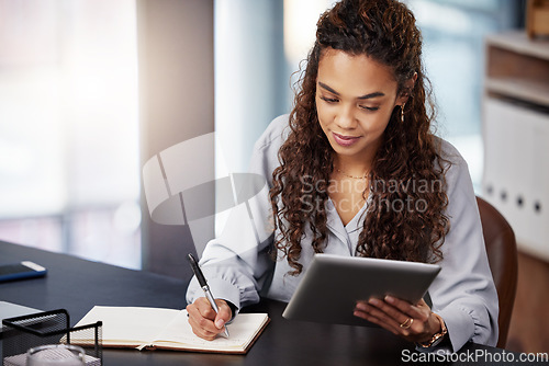 Image of Tablet, writing and research with business woman in office for idea, networking or website. Schedule, internet and technology with female employee with notebook for entrepreneur, email and planning