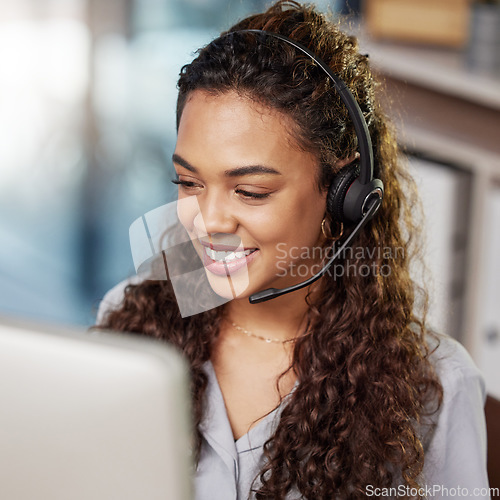 Image of Call center communication, computer or happy woman typing at telecom customer services office job. Microphone, face or friendly sales agent consulting, speaking or talking in tech support help desk