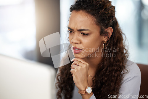 Image of Doubt, confused or woman thinking on computer solution, research or serious job decision or planning. Reading, reviewing business ideas or frustrated analyst for problem solving on digital technology