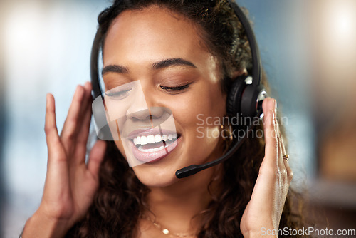 Image of Call center communication, headset or happy woman listening at telecom customer services office. Microphone, face or friendly sales agent consulting, speaking or talking in tech support help desk