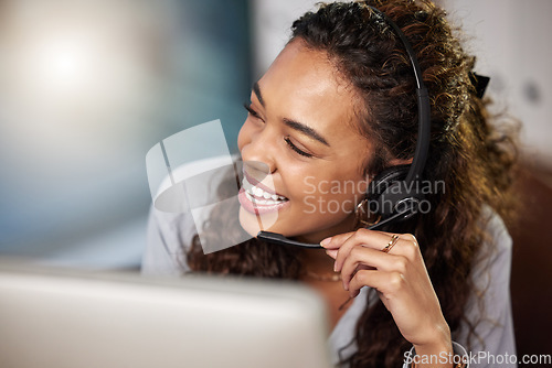 Image of Funny, headset or happy woman in call center for communication at telecom customer service. Microphone, smile or friendly sales agent consulting, talking or laughing at joke in tech support help desk