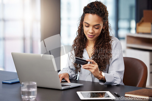 Image of Credit card, online shopping or businesswoman typing on laptop for payment on ecommerce website in office. Worker, website or financial trader trading with digital money on internet via fintech