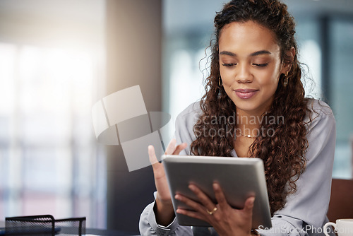 Image of Tablet, space and business woman in office for social media, networking or website. Lens flare, internet and technology with female employee in digital agency for entrepreneur, email and planning