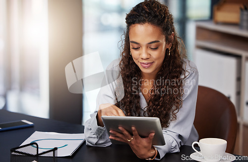 Image of Tablet, focus and business woman in office for social media, networking or website. Communication, internet and technology with female employee in digital agency for entrepreneur, email and planning