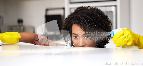 Image of Cleaning, spray and table with woman in kitchen for hygiene, disinfectant or sanitary. Safety, germ and bacteria with female cleaner and washing furniture in apartment home for housework and chemical