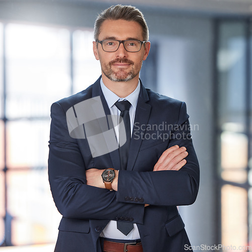Image of Portrait, business and man with arms crossed, career and startup success with confidence, ceo and employee. Face, mature male person or happy entrepreneur in a suit, professional and boss with skills