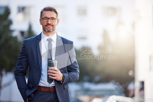 Image of Portrait, coffee and man in the city, business and confident guy with startup success, career and formal. Face, male person or employee with tea, outdoor or professional with skills, ceo or corporate