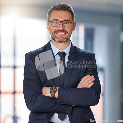 Image of Happy, businessman and portrait of CEO with arms crossed in confidence for corporate management. Confident senior man executive with smile for business leadership, company goals or boss at workplace