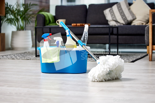 Image of Cleaning, bacteria and mop on the floor of a living room in a home for hygiene or service during housework. Product, detergent and safety with supplies in a bucket ready to clean a house for service