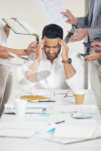 Image of Business, employee and man with a headache, multitasking and stress with documents, deadline or schedule. Male person, consultant or company director with a migraine, overworked or burnout with chaos