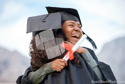 Image of Graduation hug, excited and women with certificate for scholarship, achievement or school success. Happy, affection and friends or students hugging with a smile to celebrate a diploma from college