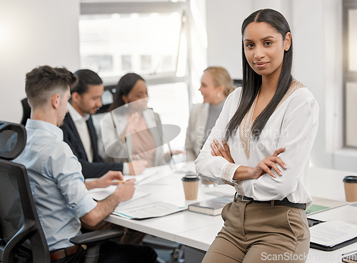 Image of Portrait, woman and accountant with arms crossed for business, leadership and office meeting. Face, confidence and female entrepreneur, professional and auditor with success mindset for career or job