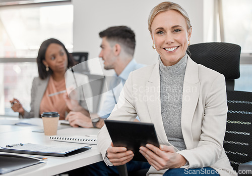 Image of Portrait, business woman and ceo with tablet in corporate office meeting. Face, confidence and happy female entrepreneur, professional career and executive with success mindset for company leadership