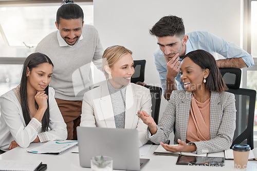 Image of Laptop, meeting and teamwork of business people in discussion in office. Computer, collaboration and happy group of employees planning strategy, cooperation and brainstorming together for work email.