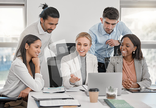 Image of Accountants, laptop and collaboration of business people in office for meeting. Computer, teamwork and happy group of employees planning strategy, accounting or cooperation together for work email.