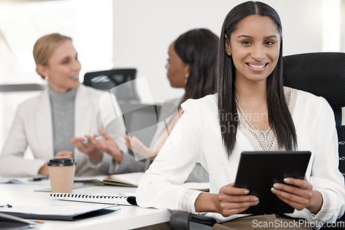 Image of Portrait, business woman and designer with tablet in corporate office meeting. Face, technology and happy female entrepreneur, professional creative and success mindset for leadership, career and job