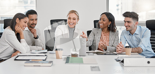 Image of Laptop, meeting and happy business people with ceo for discussion in corporate office. Computer, teamwork and group of employees with leader talking, planning strategy and brainstorming for email.