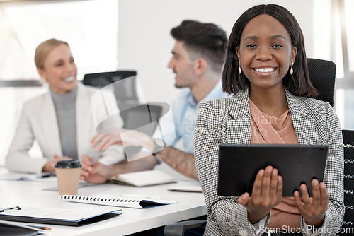 Image of Portrait, business accountant and black woman with tablet in corporate office meeting. Face, technology and happy African female entrepreneur, professional auditor and success mindset for leadership.