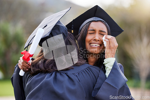 Image of Education, graduation and crying with friends hugging in support or celebration at a university event. Learning, achievement and hug with students outdoor together to finish their college scholarship