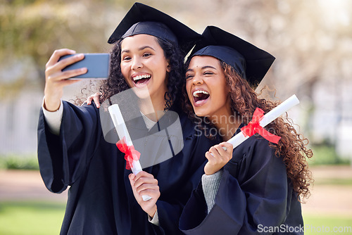 Image of Graduation, photo and students celebrating academic achievement or graduates together with joy on happy day and outdoors. Friends, certificate and success for degree or excitement and campus picture