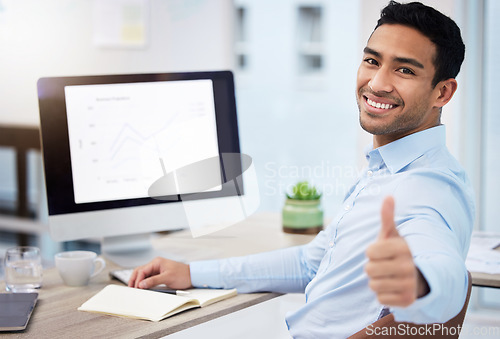 Image of Businessman, thumbs up and smile portrait with computer screen for seo, sales growth and graph. Happy asian male entrepreneur with tech, hand sign or emoji for support, thank you or goal success