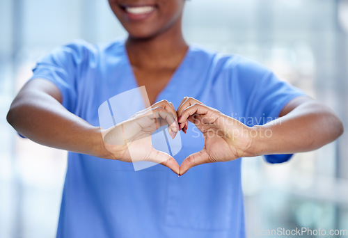 Image of Closeup, black woman and doctor with a heart hands, support and care with happiness, charity and innovation. Female person, medical professional and employee with love symbol, solidarity and feedback