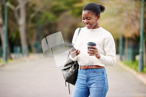 Image of Phone, coffee and mockup with a student black woman on her commute to university campus for education. Mobile, social media and learning with a female college pupil checking her study schedule