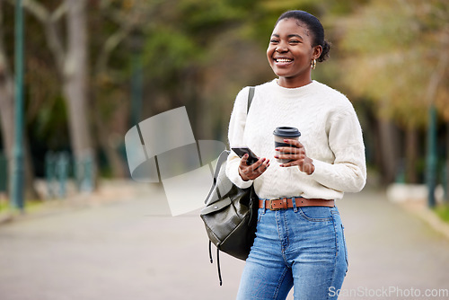 Image of Phone, books and coffee with an african student woman on her commute to university campus for education. Mobile, social media and drink with a female college pupil thinking about her next lecture