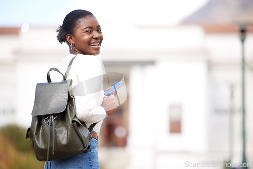 Image of Black woman, phone and portrait of student at college, university or person ready for learning, goals or education. Girl, face and happy learner studying on campus or walking outdoor with backpack