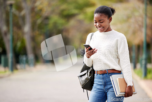 Image of Phone, books and mockup with a student black woman on her commute to university campus for education. Mobile, social media and schedule with a female college pupil checking for her next lecture