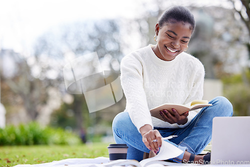 Image of Woman, reading and laptop in the outdoor at college for an education in africa with books. Female student, university and tech with a notebook at the park for knowledge and research for phd.