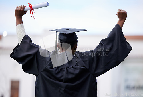 Image of Back, education and black woman with graduation, celebration and success with a diploma. Female person, graduate and girl with a degree, achievement and university with a certificate and knowledge