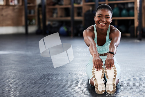 Image of Fitness, portrait or happy girl stretching legs for gym workout routine or body movement for wellness. Athlete or healthy black woman smiling in exercise training warm up for flexibility or mobility