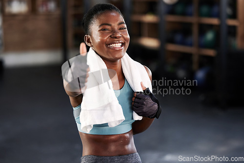 Image of Gym, portrait or happy black woman with thumbs up in fitness training with positive mindset or motivation. Encouragement, workout or excited personal trainer with like hand sign, support or thumb up