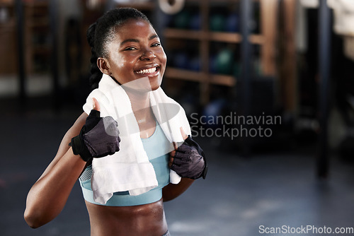 Image of Gym, portrait or happy black woman with thumb up in fitness training with positive mindset or motivation. Encouragement, workout or excited personal trainer with like hand sign, support or thumbs up