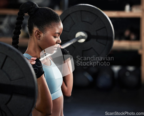 Image of Exercise, barbell and woman training, wellness and workout goal with fitness, strong or health. Female person, girl or athlete with gym equipment, bodybuilding or weightlifting with strength or power
