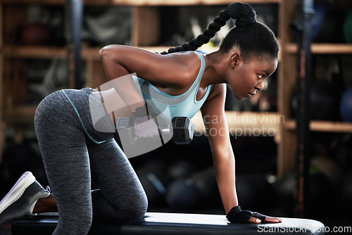 Image of Gym, dumbbell or strong black woman on bench training, exercise or workout for powerful arms or muscles. Wellness, health club or African girl lifting weights or exercising shoulders with fitness