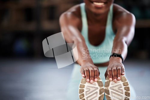 Image of Gym, hands or happy girl stretching legs for workout routine or body movement for active fitness. Smile, closeup blur or healthy woman smiling in exercise training warm up for flexibility or mobility