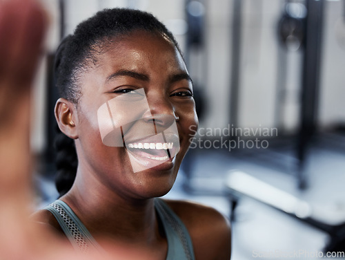 Image of Gym, portrait or black woman laughing in selfie on workout, exercise or training break on social media. Funny influencer, face or happy African girl smiling for pictures or online fitness content