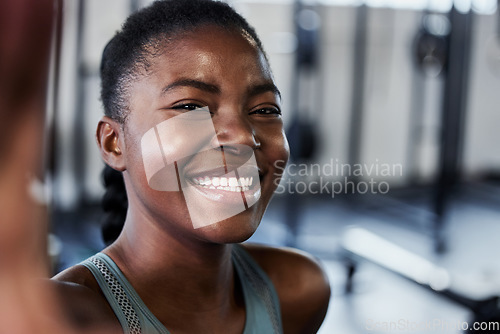 Image of Gym, portrait or black woman with smile in selfie on workout, exercise or training break on social media. Funny influencer, face or happy African girl smiling for pictures or online fitness content