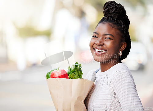 Image of Portrait, grocery shopping and black woman with a bag, discount and happiness with healthy products, items and retail. Face, female person and shopper with sale, produce and customer with nutrition