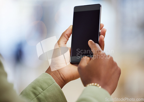 Image of Woman, hands and phone mockup typing in social media for communication, web or networking. Hand of female person on mobile smartphone app for online chatting or texting on mock up screen or display