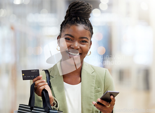 Image of Credit card, woman and portrait of discount shopping, sales or smile of person at mall, fashion or shop at clothing store. Girl, phone and mobile payment for purchase, bags and happy customer