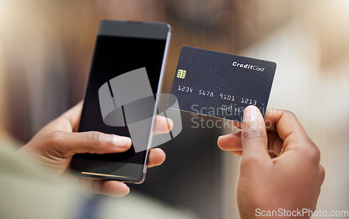 Image of Woman, hands and phone with credit card for payment, online banking or shopping on mockup screen. Hand of female person on mobile smartphone for bank app, ecommerce or purchase on mock up display