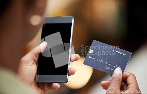 Image of Hands, credit card and smartphone for online shopping, woman or blank screen for discount, sale or deal. Girl, phone and fintech for payment, retail ecommerce and cybersecurity for safety on internet