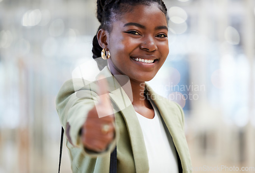 Image of Business woman, portrait smile and thumbs up for winning, success or good job at the office. Happy African female person smiling with thumb emoji, yes sign or like for win or approval at workplace