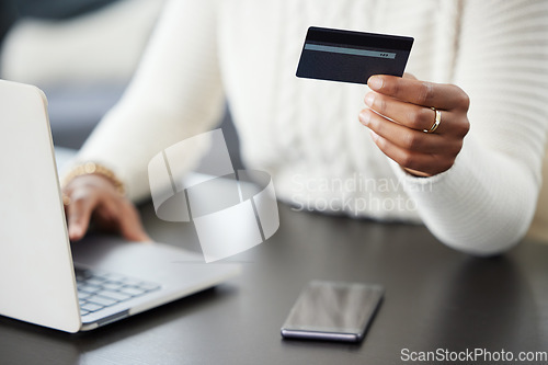 Image of Woman, hands and laptop with credit card for payment, online shopping or finance on office desk. Hand of female person or shopper on computer for banking app, purchase or ecommerce at the workplace