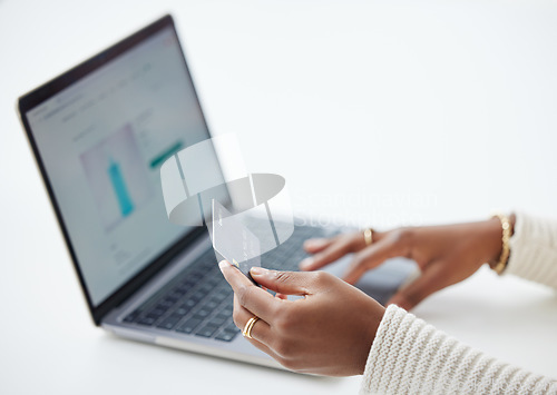 Image of Woman, hands and laptop with credit card for ecommerce, payment or finance on website mockup. Hand of female person or shopper on computer for banking app, purchase or online shopping at workplace