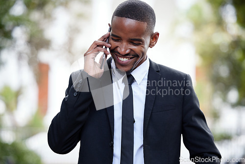 Image of Black man, business and smile on street, phone call and talking on walk for contact, chat or good deal. Happy african businessman, smartphone and talk for networking, sales or stock trading on road