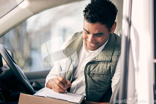 Image of Delivery man, checklist and working on a box in the van, courier service or portrait of employee shipping package. Person, supplier or writing with clipboard, list and logistics of products